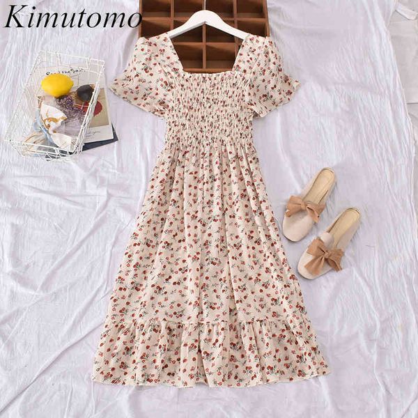 Kimutomo Vintage Floral Druck Kleider Frauen Sommer Fashion Square Kragen Kurzarm Rüschen Vestidos Mujer 210521