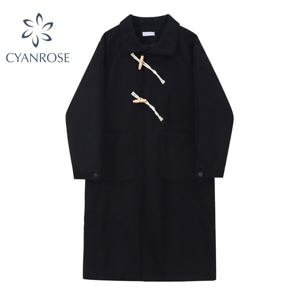 

autumn winter wool blend women korean fashion black long coats turn down collar button vintage pockets casual woolen overcoat 210430