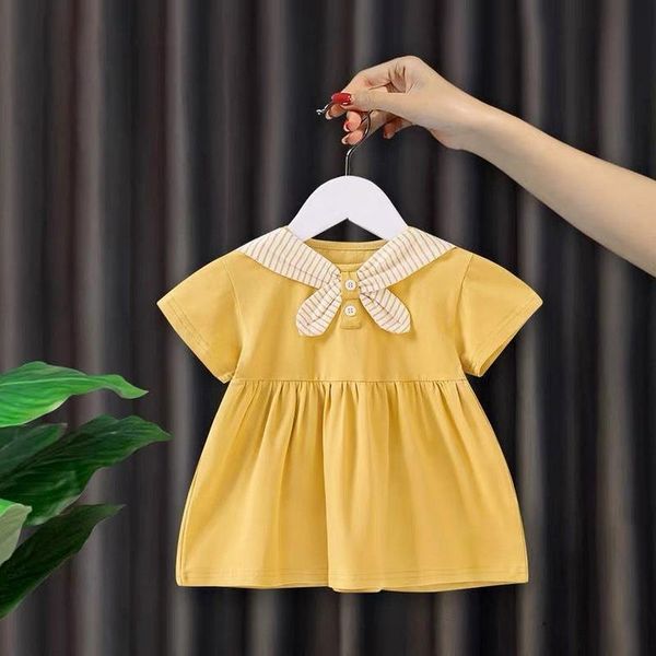 

baby girl yellow dresses bow neck short-sleeved solid cute female outwear pulls girl's, Red;yellow