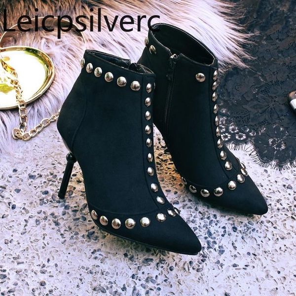 

boots women's autumn and winter color matching zipper rivet high heel short tube shoes plus size 32-48 9cm, Black