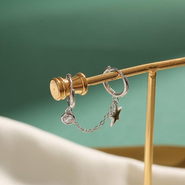 

wedding rings fflacell sterling silver color double ear hole hoop earring zircon glaze star tassel chain earrings for women, Slivery;golden