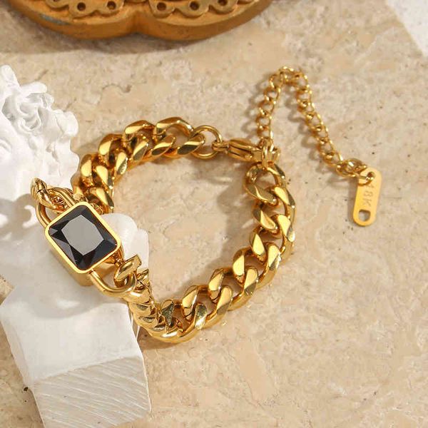 

2022 new square cubic zirconia black white green red stone 18k gold plated steel cuban chain bracelet bangles for women, Golden;silver