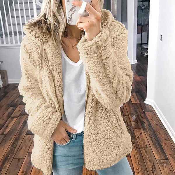 

women's fur & faux women ladies long sleeve solid loose pocket zipper clothing fluffy plush coat jackets autumn warm hooded outerwear, Black