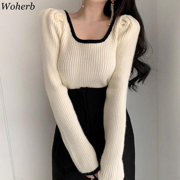 

autumn fashion women square collar cropped sweater female korean chic elegant umpers knitted pullover pull femme 210417, White;black