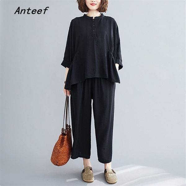 

cotton plus size vintage summer casual 2 two piece set loose tee t shirt women t-shirt ladies tshirt wide leg pants 210517, White