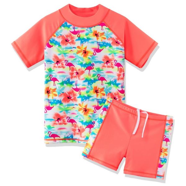 

orange floral baby girls' swimsuit upf50+ short sleeve kids swimwear girl 2021 summer bathing suit s for 3-10y children two-piece suits