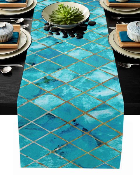 Turquesa Mármore Lattice Table Runner Luxo Casa Dining Coffee Férias Decoração Decoração Festa Jantar 211117