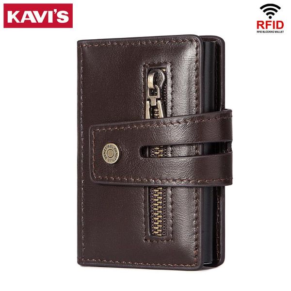 

card holders kavis casual holder rfid aluminum box men genuine leather wallet hasp smart id case mini billetera coffee bag, Brown;gray