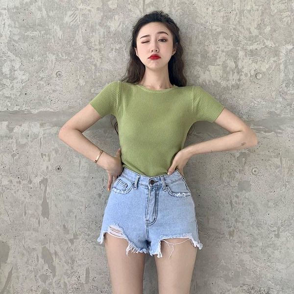

women's t-shirt female solid crop harajuku korean style women thin knitted t shirt summer short sleeve autumn casual t-shirts, White