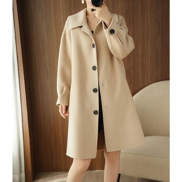 

women's wool & blends 21 autumn and winter double-sided tweed coat korean version medium long over knee woolen doll collar, Black