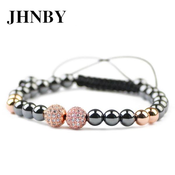 

charm bracelets jhnby ball 6mm hematite beads men charms bracelet pave cz braided rope women copper bangle fashion gun black colorjewelry gi, Golden;silver