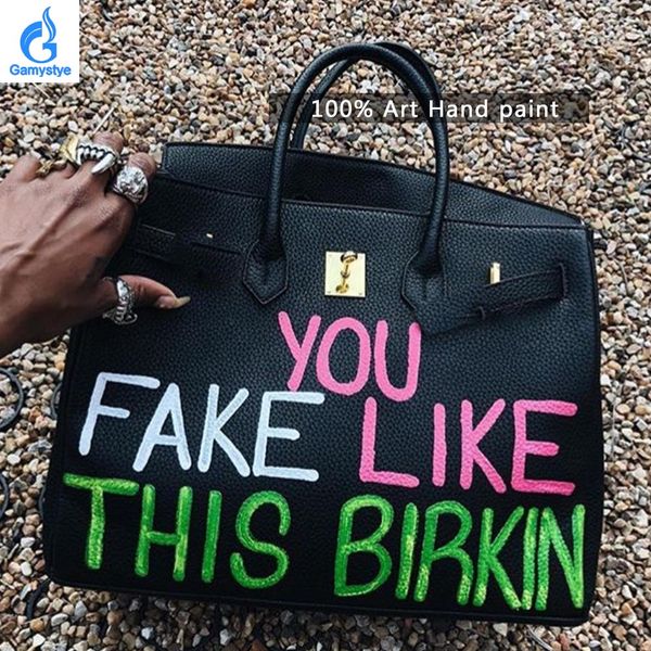 

40cm big size black custom art hand make h bags genuine leather cowhide handbags hand painted painting gifts for girl mon love
