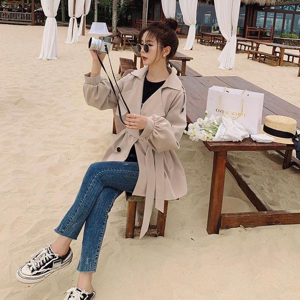 

women's trench coats lantern sleeve small windbreaker, Tan;black