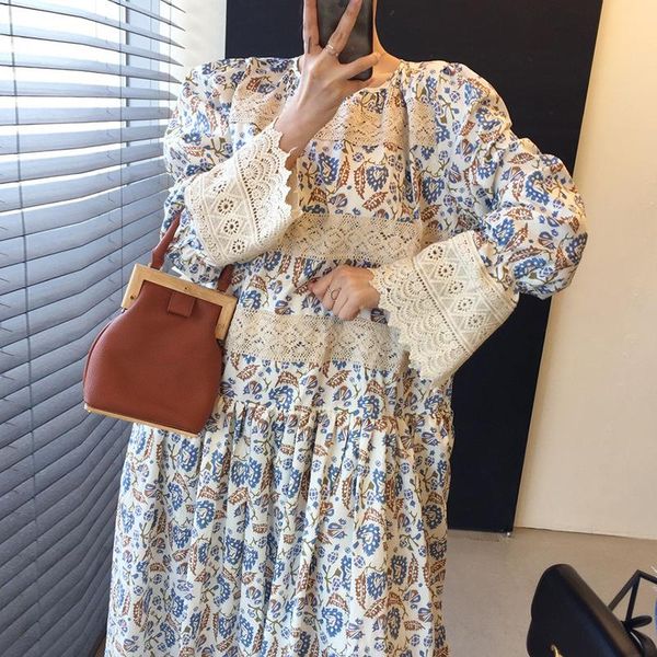 

casual dresses superaen french vintage o neck lace patchwork loose print flare sleeve straight ankle-length woman dress, Black;gray