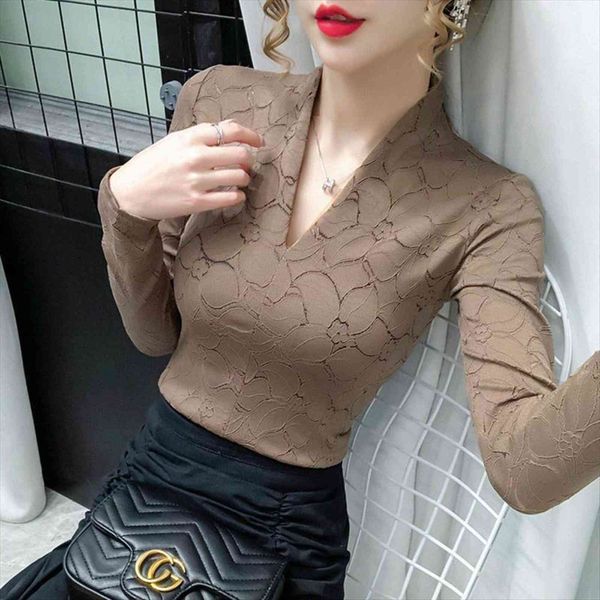 

v neck lace womens shirts long sleeve autumn winter mesh blusas ropa de mujer, White