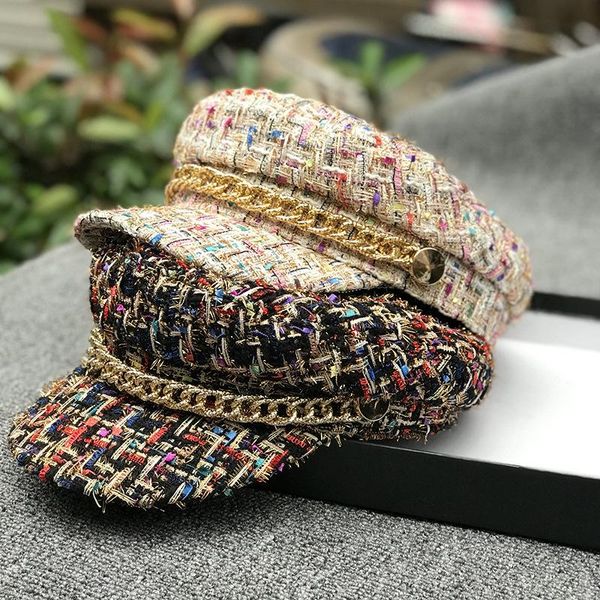 

france design autumn plaid metal chain bee lady octagonal hat women leisure visors cap polyester decorate casual spring 2021 #47 stingy brim, Blue;gray