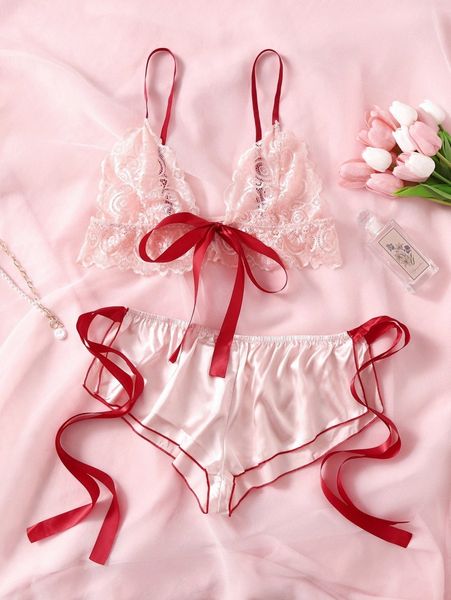 

plus bow decor lace satin lingerie set 85y8#, Black;white
