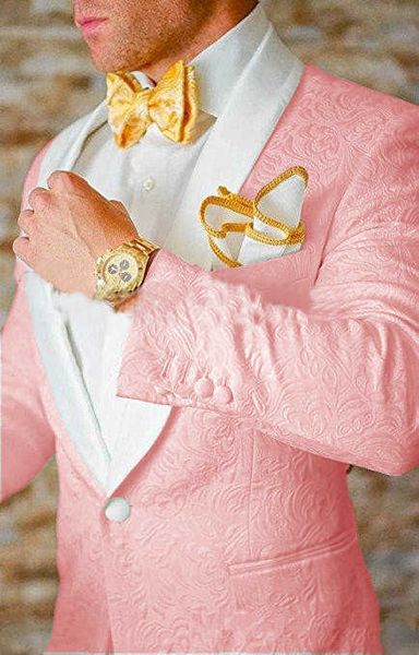 2023 Custom Made Jacquard Groomsmen Smoking dello sposo rosa Scialle bianco Risvolto Uomo Abiti da sposa Prom Party Best Man Blazer Pantaloni Set R231106