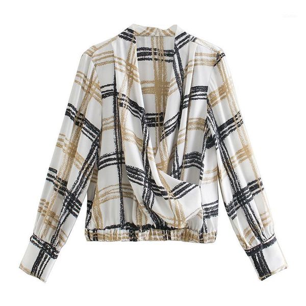 

stylish cross v-neck plaid blouses long sleeve shirts female casual short style chic blusas mujer women's &, White
