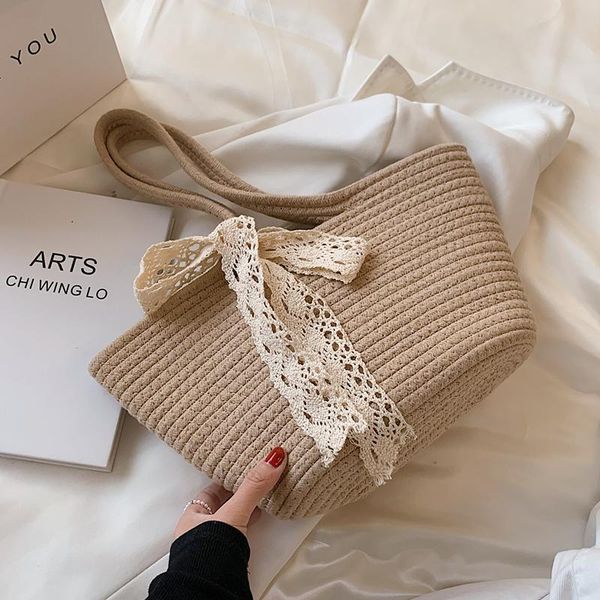 

evening bags sweet female summer cotton crossbody bag for women 2021 lady fashion trendy weaving beach shoulder handbags and purses with bow