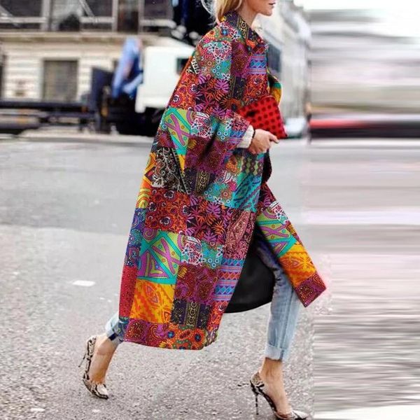 

women's trench coats fashion women long sleeve geometry printed pocket outerwear overcoat elegant loose wool coat oversize, Tan;black