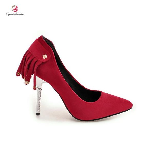 

dress shoes original intention stylish pumps flock pointed toe tassels thin high metal heels 4 colors beautiful wedding woman, Black