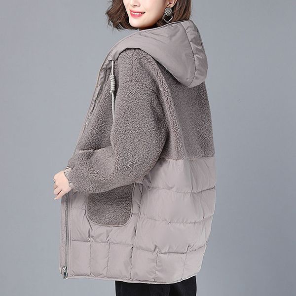 

ladies down jacket women's winter 2021 loose down cloth medium and long lamb wool large cotton padded et, Black