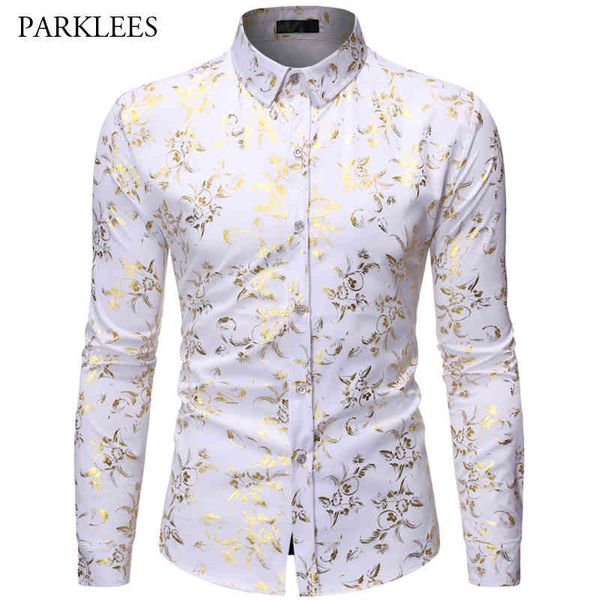 

printed floral casual long sleeve shirt men's metal fashion nightclub party slim button men's shirt camisas hombre 210524, White;black
