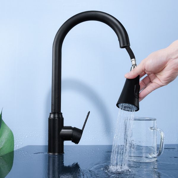 

matt black kitchen faucet with 304 stainless steel single handle hole deck mount home use pull out sink tap spryer swivel spout