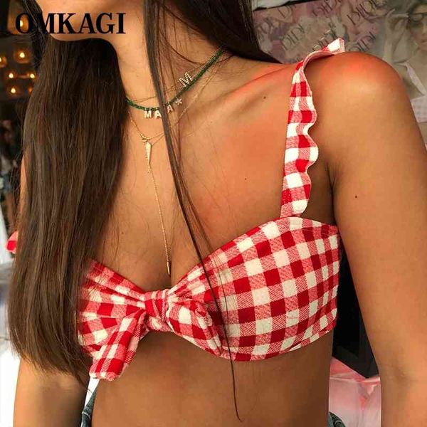 

omkagi bikini swimwear women plaid push up bikini sets ruffle brazilian thong bathing suit bowknot swimsuit women 210406, White;black