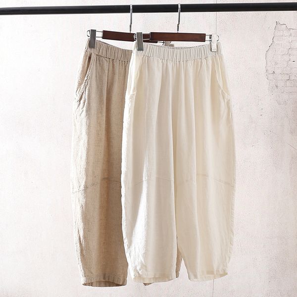 

capris pantalones mujer summer linen palazzo women's panther calves shredded bloomers retro pants, Black;white