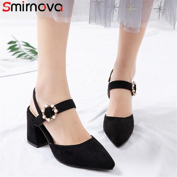 

smirnova 2021 est high heels party wedding shoes ladies flock pointed toe buckle pearl summer women pumps big size 48 sandals, Black