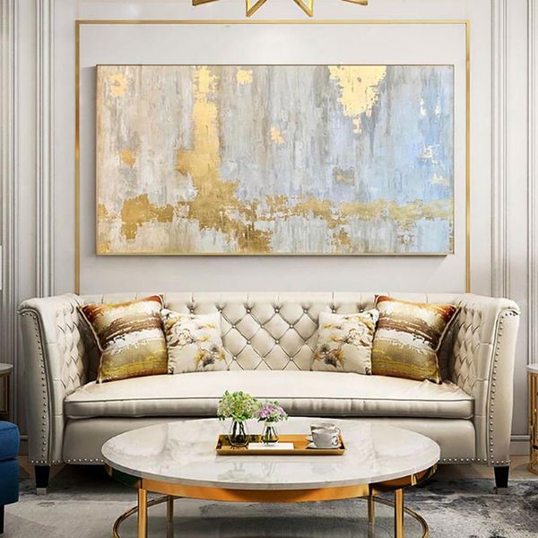 Dipinti Nordic Wall Art Pittura a olio dorata su tela Texture blu oro astratta Grande salone Interior Home Decor