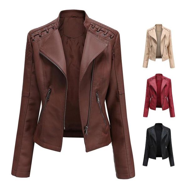 

women's jackets women autumn winter faux leather jacket zipper stand collar motorcycle slim coat, Black;brown