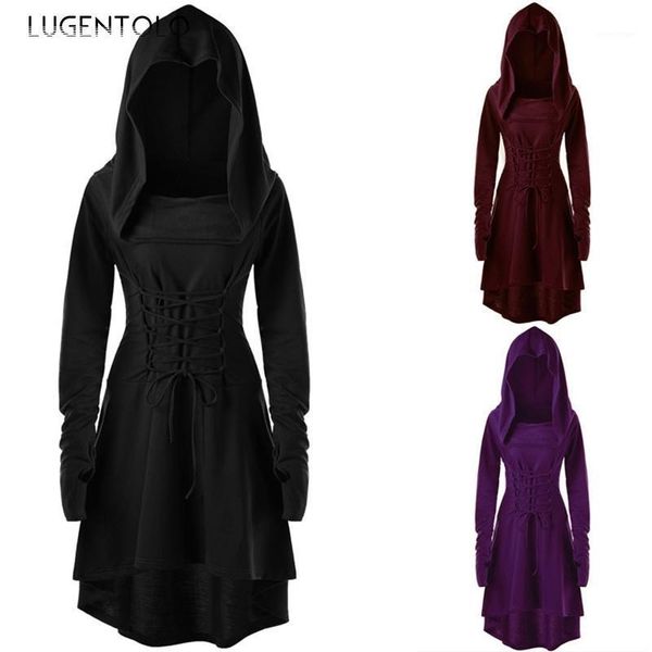 

lugentolo women's dress solid color hooded spring autumn bandage strap dresses long-sleeve female high waist casual, Black;gray