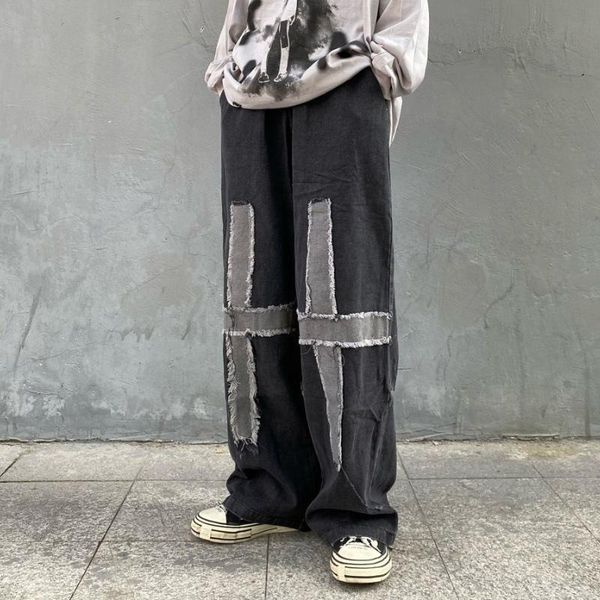 

women's jeans women y2k cross print tassel high street design straight loose wide leg hip-hop denim pants 2021 autumn fashion streetwea, Blue
