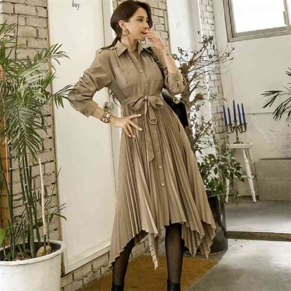 

autumn vintage women office ol casual slim long sleeve elegant belt knee-length irregular pleated dress female vestidos 210519, Black;gray