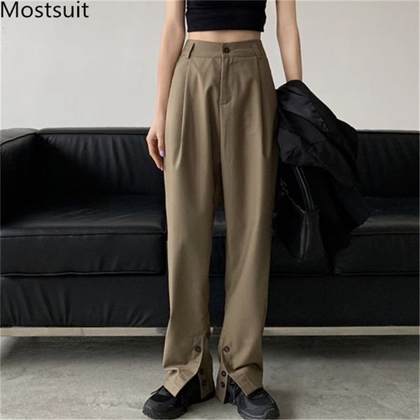 

korean high waist wide leg suit pants trousers women solid casual fashion buttons splitting straight full length 210513, Black;white