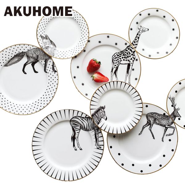 

2 pcs 6&8 inch animal combined plates set ceramic plates elk giraffe zebra pattern plates steak breakfast cake fruits dish