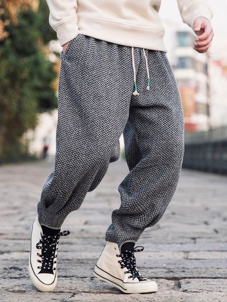 

men herringbone drawstring waist sweatpants w89p#, Black