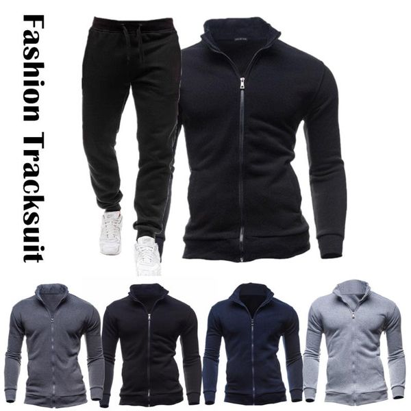 

jogging clothing men's zipper fleece tracksuit set autumn winter male casual stand collar jacket + pant solid color cardigan sportwear, Black;red