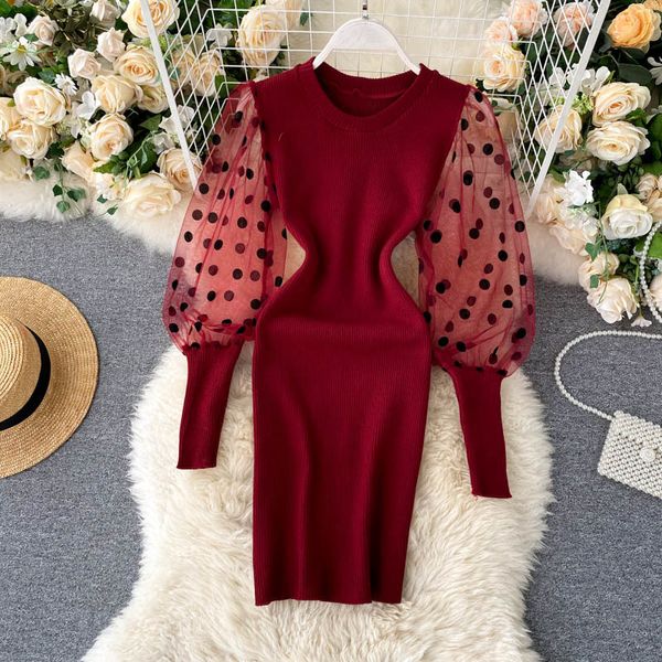 Dot Mesh Splice Strickkleid Frauen Elastizität Lange Puffärmel Kleid Herbst Koreanische Süße Mode Pullover Kleider 210419