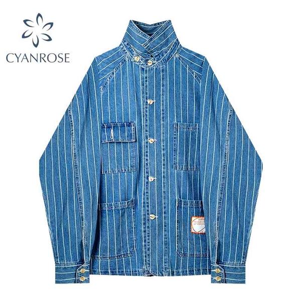 

striped denim shirts coat women long sleeve cardigan pocket japanese style harajuku bf fashion jacket loose cowboy outer 210430, Black;brown