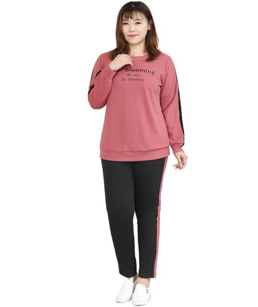 

spring fall 4xl to 10xl plus size women clothing sets long sleeve casual tracksuits + trousers two piece t20273 women's pants, White