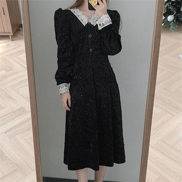 

v neck lace hook flower temperament dress women high waist hip a line long vestidos pullover sleeve velour robe 210422, Black;gray