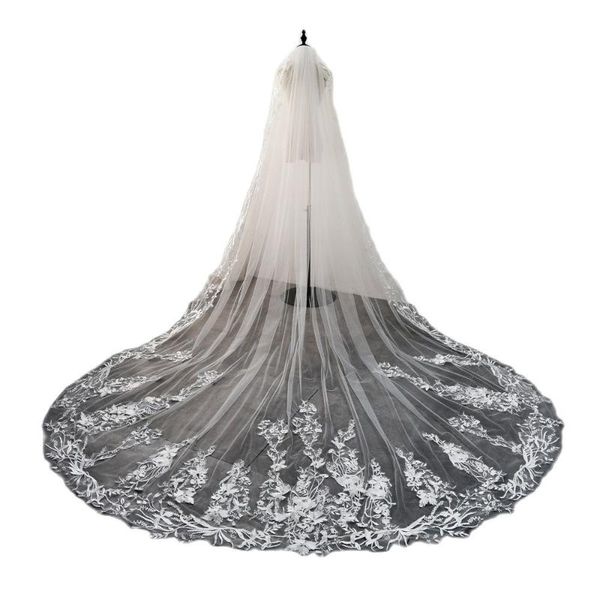 

bridal veils long wedding full lace edge 3d floral appliques veil with comb for bride hearwear cathedral accessories, Black