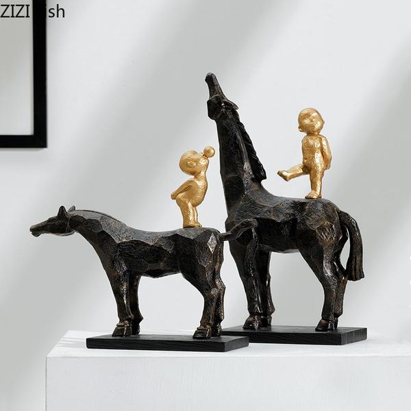 

decorative objects & figurines resin human sculpture horse simulation animal golden man child abstract handicraft decoration modern home acc
