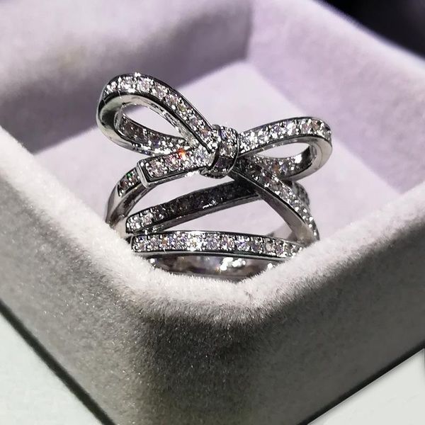 

cluster rings 925 sterling silver female ring rope knot bow cubic zirconia fine high-end jewelry wedding bridal moissanite, Golden;silver
