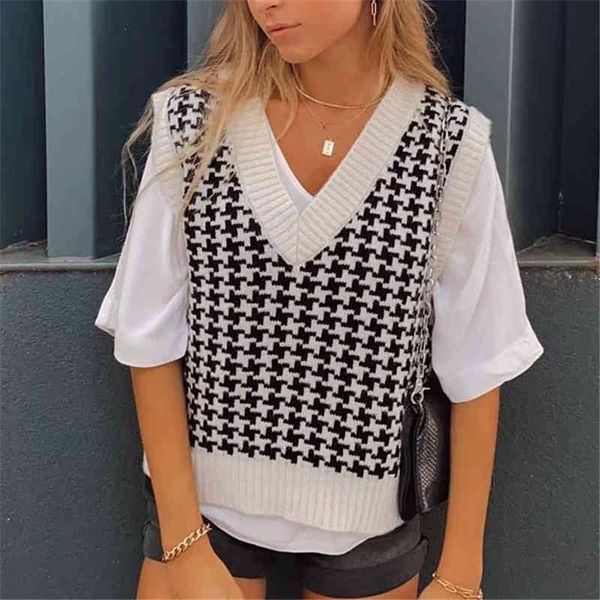 

elegant women plaid patchwork sweater tank fashion ladies vintage streetwear female v-neck girls chic 210427, Black;white