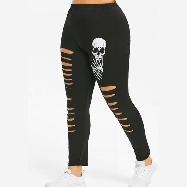 

women's leggings plus size halloween fashion ripped skull casual printed trousers summer, Black